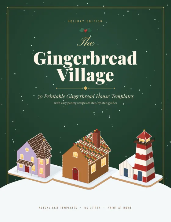 The Gingerbread Village e-book cover: 50 Printable Gingerbread House Templates