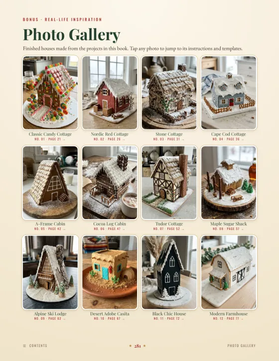 Book page: gallery of photos of finished gingerbread houses