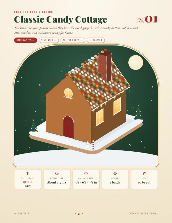 Book page: Classic Candy Cottage opener with an illustration in an arched window and a facts row