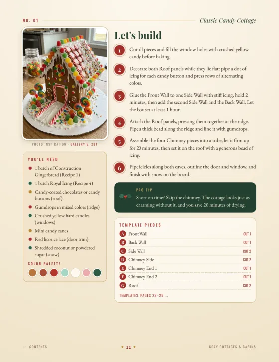 Book page: photo of the finished cottage, a You'll need list and six numbered steps