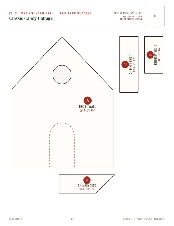 Book page: actual-size printable template pieces with letters and a 1-inch check square
