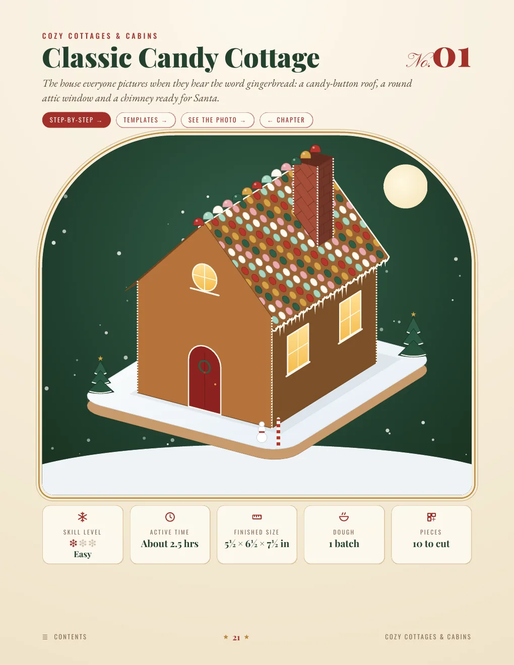 Book page: Classic Candy Cottage opener with an illustration in an arched window and a facts row