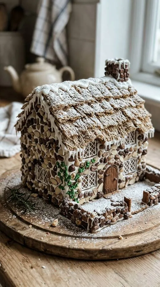Stage 6 of building a gingerbread stone cottage: done